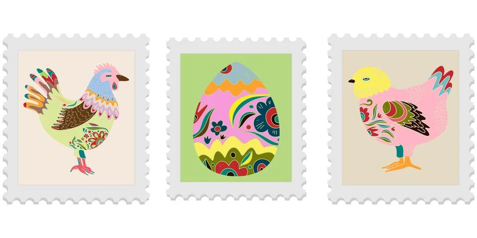 A set of three spring postage stamps. Festive, bright Easter motifs with folk Stock Illustration