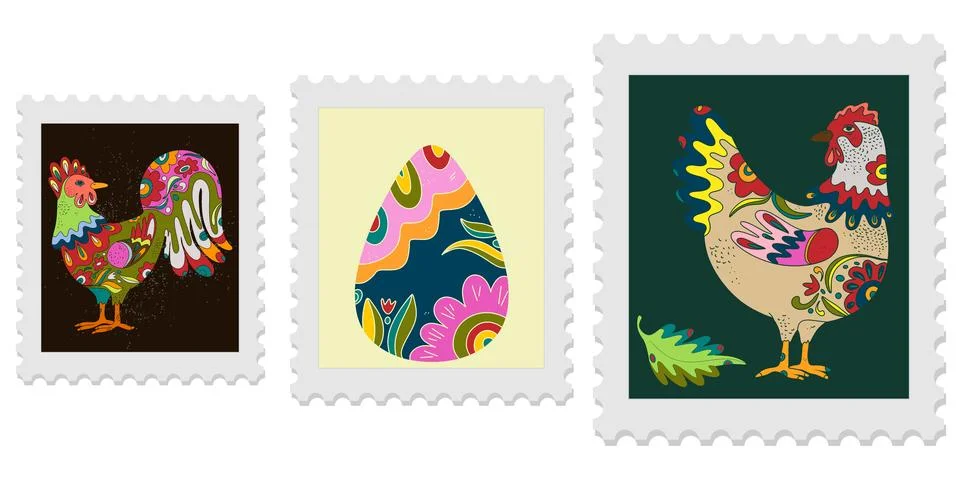 A set of three spring postage stamps. Festive, bright Easter motifs with folk Stock Illustration