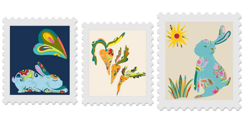 A set of three spring postage stamps. Festive, bright Easter motifs with folk Ilustración de archivo