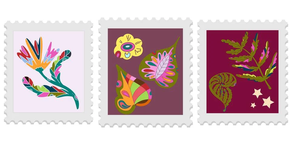 A set of three spring postage stamps. Festive, bright Easter motifs with folk Ilustración de archivo