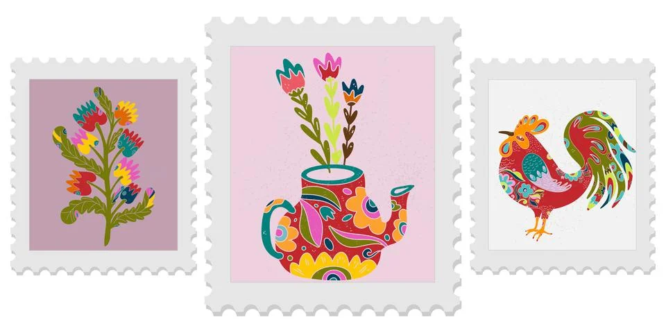 A set of three spring postage stamps. Festive, bright Easter motifs with folk Stockillustratie