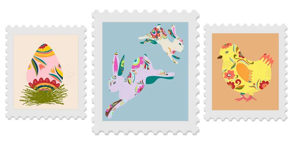 A set of three spring postage stamps. Festive, bright Easter motifs with folk Ilustración de archivo
