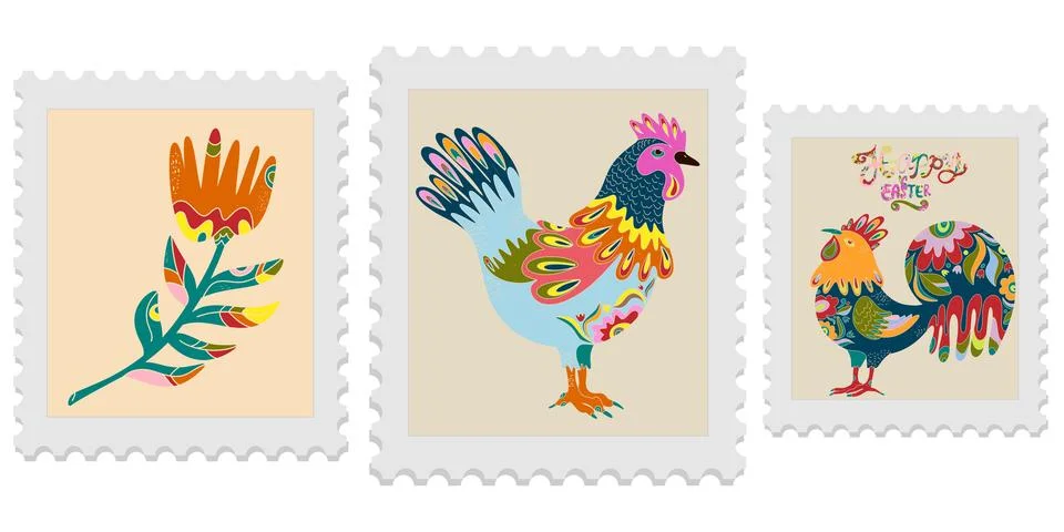 A set of three spring postage stamps. Festive, bright Easter motifs with folk Stock Illustration