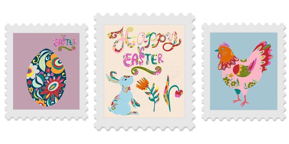 A set of three spring postage stamps. Festive, bright Easter motifs with folk Ilustración de archivo
