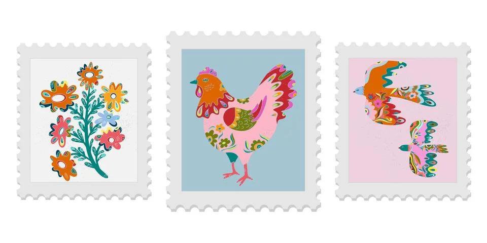 A set of three spring postage stamps. Festive, bright Easter motifs with folk Ilustración de archivo