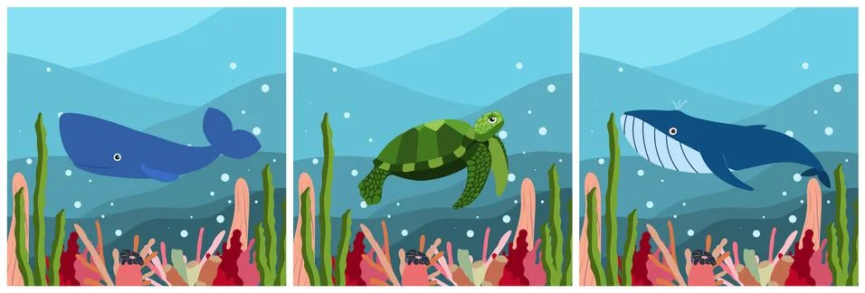 Set of three square composition with underwater landscape with spermwhale Stock Illustration