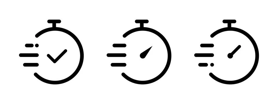 Set of three stopwatch icons with motion lines for fast delivery and time m.. Stock Illustration