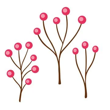 Set of three stylized berry branches with pink berries and brown stems Stock Illustration