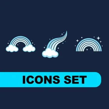 Set of three stylized blue rainbow icons with fluffy white clouds and spark.. Illustration