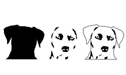 Set of three stylized dog head illustrations including silhouette stencil and Stock Illustration