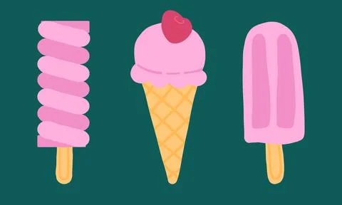 Set of three stylized ice creams a twirled popsicle, a scooped cone with a Stock Illustration