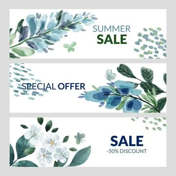 Set of three summer banners with blue watercolor florals Stock Illustration