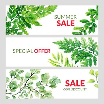 Set of three summer banners with green forest ferns Stock Illustration
