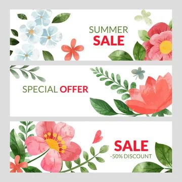Set of three summer banners with red watercolor florals Stock Illustration