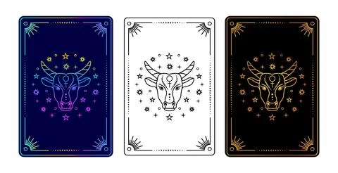 Set of three tarot cards with  Taurus zodiac sign in gradient, black and wh.. Stock Illustration