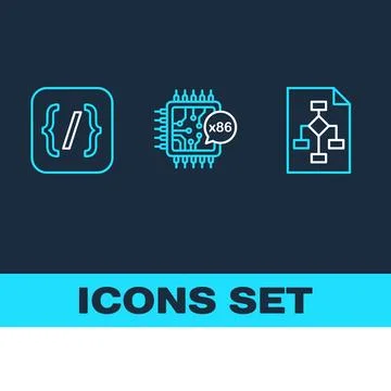 Set of three technology icons: coding brackets, x86 processor chip with cir.. Stock Illustration