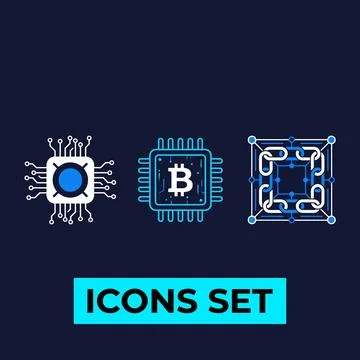 Set of three technology icons including a CPU chip, Bitcoin symbol on a pro.. Stock-Illustration