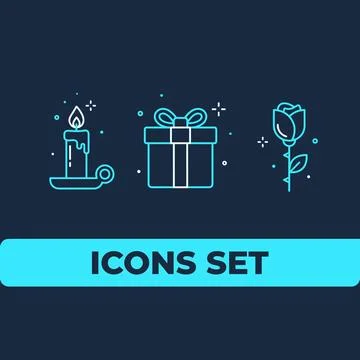 Set of three thin line icons: lit candle on holder, gift box with ribbon, a.. Stock-Illustration