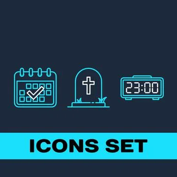 Set of three thin line icons: calendar with checkmark, tombstone with cross.. Ilustração Stock