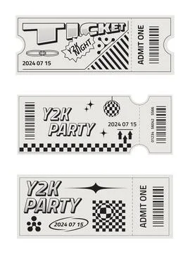 Set of three ticket templates in trendy retro style. Y2k style party ticket with Stock Illustration