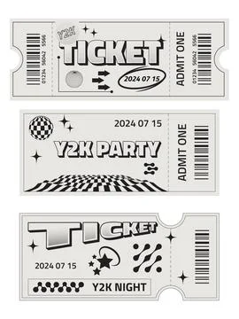 Set of three ticket templates in trendy retro style. Party ticket. Y2k style Stock Illustration
