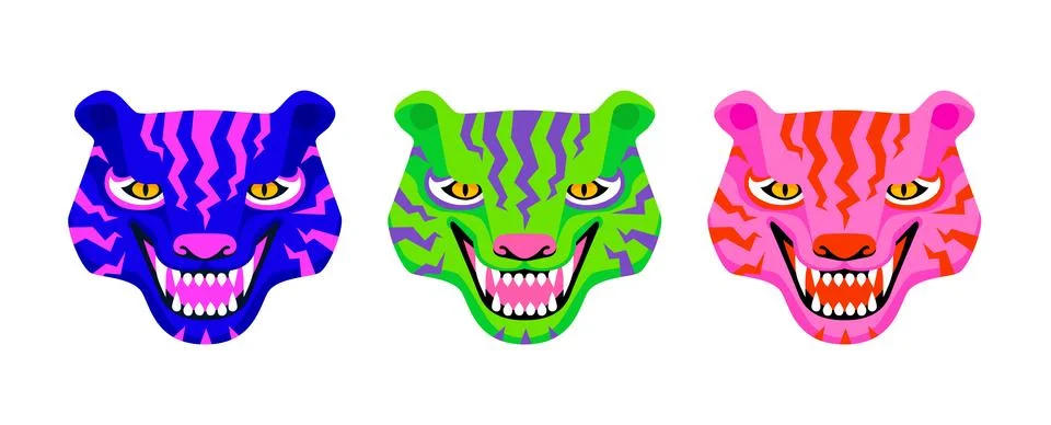 Set of three tiger faces roaring. Unreal vibrant psychedelic colors. Vector.. Stock Illustration