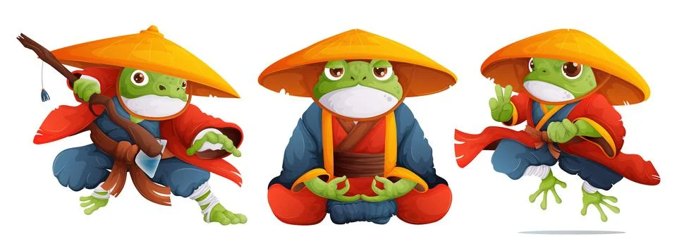 A set of three toads in the form of kung fu masters in a red and blue kimon.. Stock Illustration
