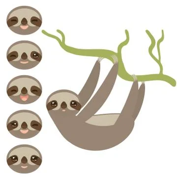 Set Three-toed sloths funny muzzle with different expression of emotions on w Stock Illustration