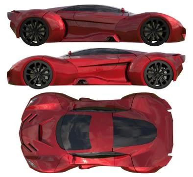 A set of three types of racing concept car in red. Side view and top view. 3d Illustrazione stock