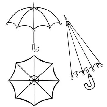 A set of three umbrellas - closed and open. Umbrella - top view and side view. U Stock Illustration