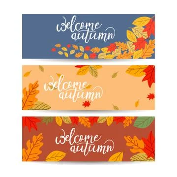 Set of three vector banners with colorful autumn leaves. Stock Illustration