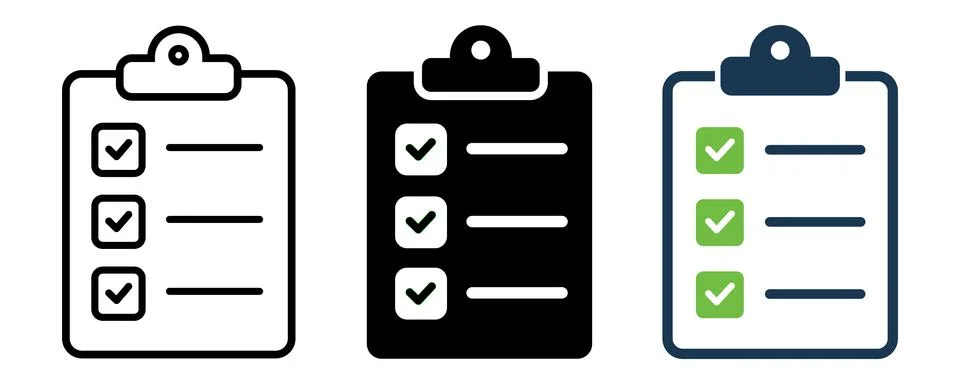 Set of three vector clipboard icons with checklists, checkboxes, and checkm.. Stock Illustration