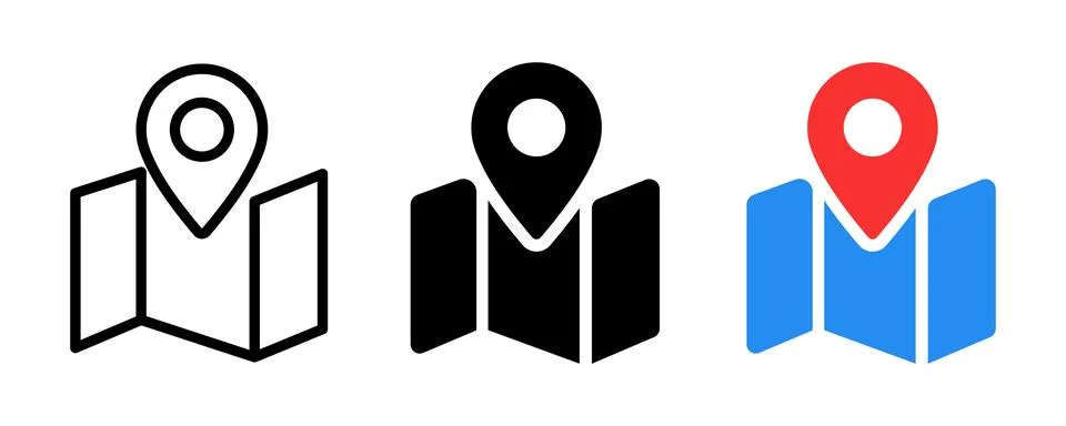 Set of three vector icons featuring a folded map with a location pin in out.. Stock Illustration