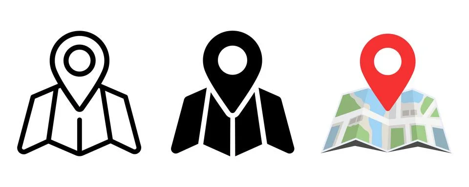 Set of three vector icons featuring a folded map with a location pin in out.. Stock Illustration