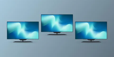 Set of three vector LED TV Screen Mockup with gradient blue screens. Three .. Illustrazione stock