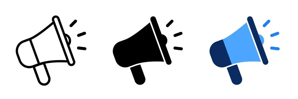 Set of three vector megaphone icons with speech bubbles and typing dots in .. Stock Illustration