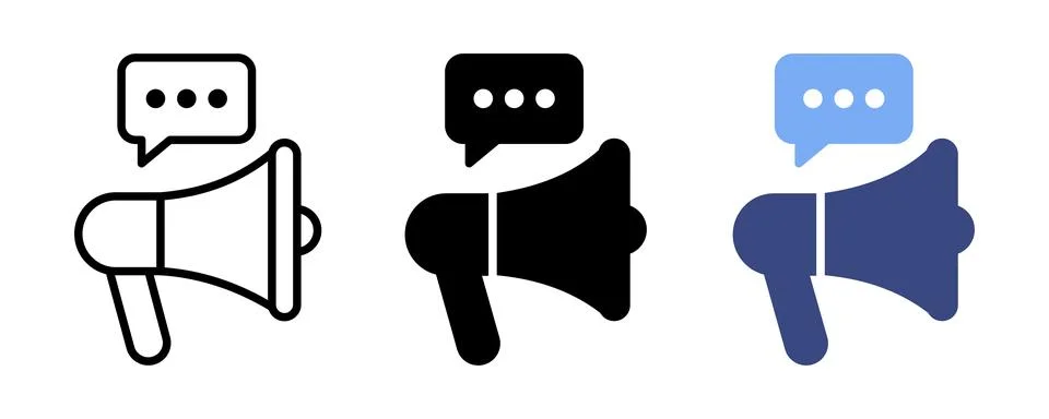 Set of three vector megaphone icons with speech bubbles and typing dots in .. Stock Illustration