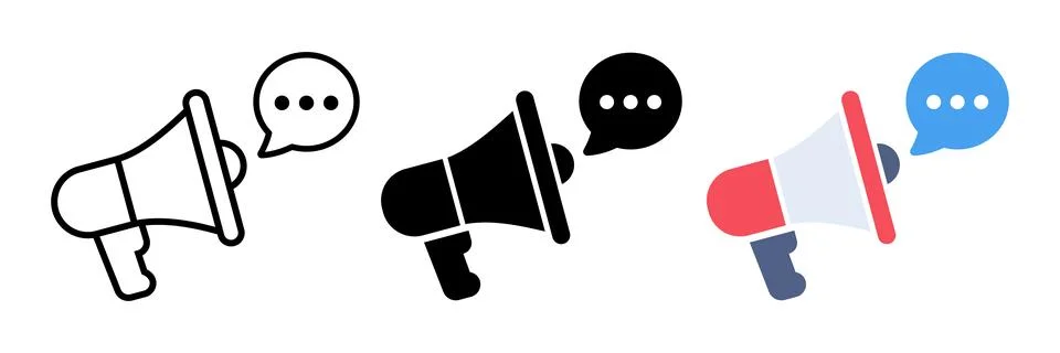 Set of three vector megaphone icons with speech bubbles and typing dots in .. Stock Illustration
