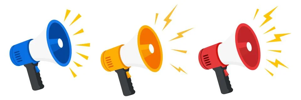Set of three vector megaphones and loudspeakers in blue, orange, and red co.. Stock Illustration