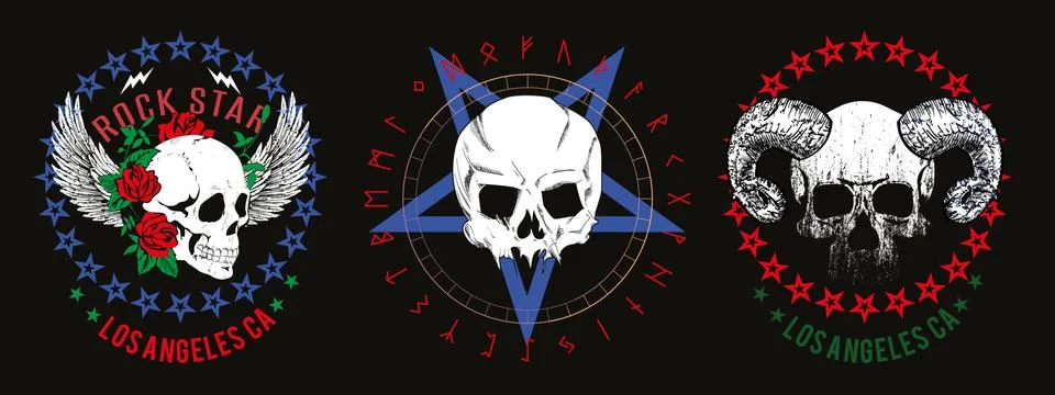 Set of three vector skulls for shirts Illustrazione stock