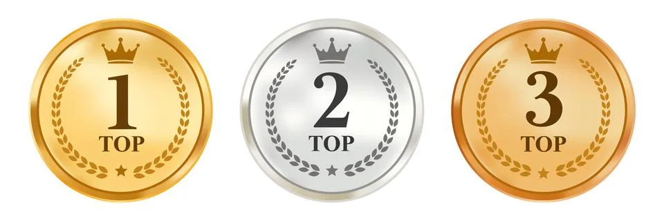Set of three vector top rating medals, winner badges, and award seals in go.. Stock Illustration