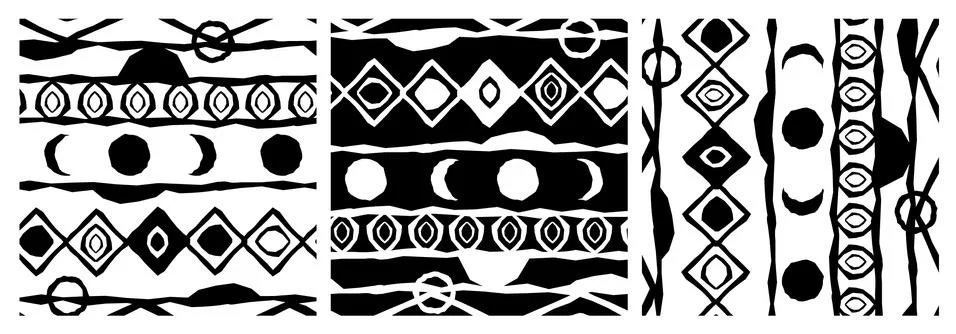 Set of three versions of the same Black white ethnic monochrome abstract roug Stock Illustration