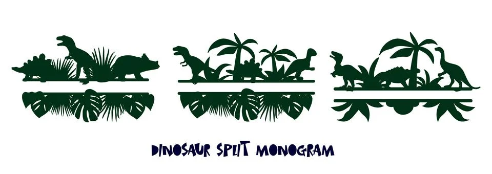 Set of three wall board frames with dinosaur silhouette, tropical leaves, pal 스톡 일러스트