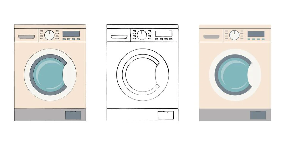 Set of three washing machines in different styles: hand-drawn flat color, b.. Stock Illustration