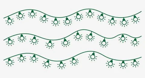 Set of three wavy string light lines with glowing bulbs string lights isolate Ilustração Stock