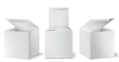 Set of three white boxes with opened lids positioned at different angles. Rea Stock Illustration