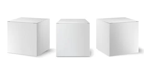 Set of three white boxes positioned at different angles. Realistic. 3D mockup Illustrazione stock