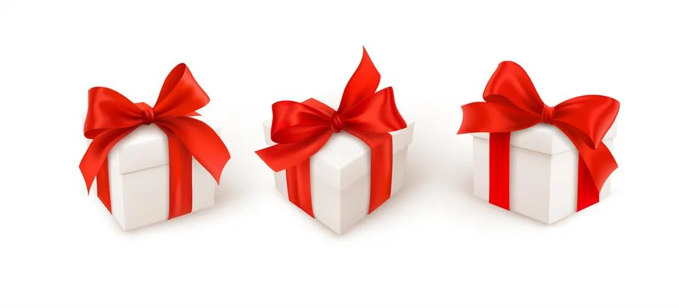 Set of three white gift boxes with red silk ribbon bow isolated on white Illustrazione stock