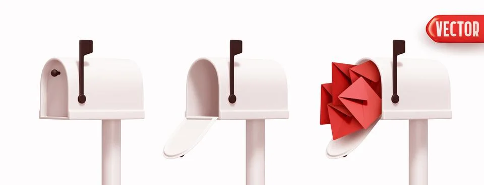 Set of three white mailboxes realistic 3d design, open box, closed and with m Stock Illustration