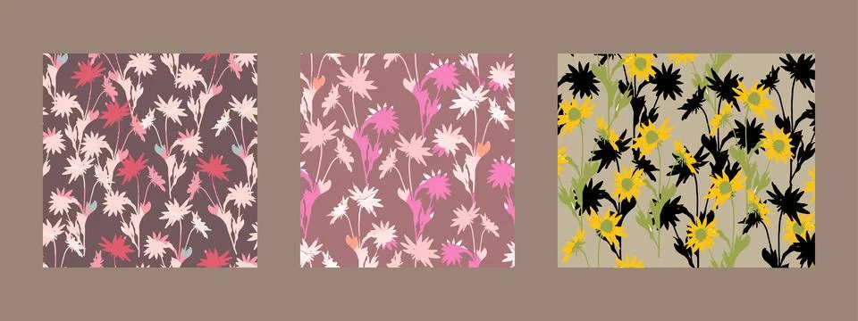Set of three wildflowers pattern background for fashion fabric Stock Illustration